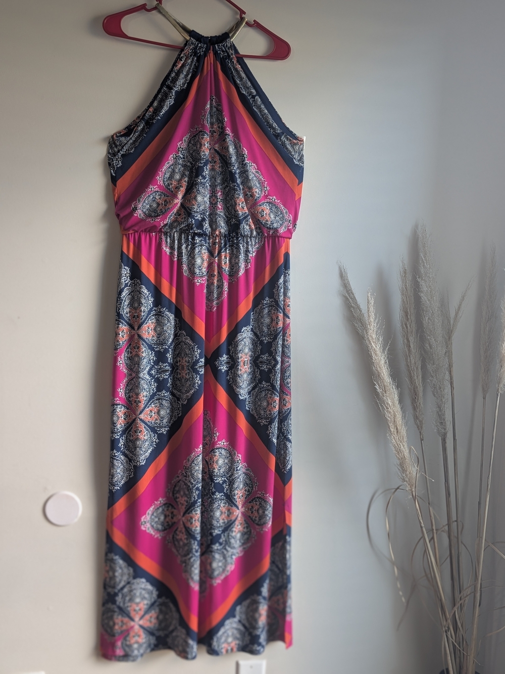 Roz & Ali Halter Maxi Dress - Pink, Navy & Orange Medallion Print